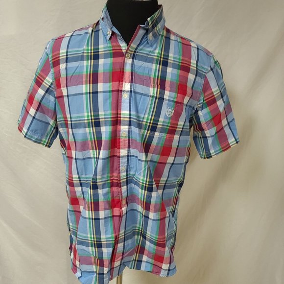 Chaps Easy Care Mens Large blue Plaid Short Sleeve Button Up Shirt - Picture 12 of 12